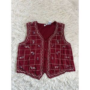 Bobbie Brooks Woman Large Brick Red Floral Check Embroidered Cottagecore Vest